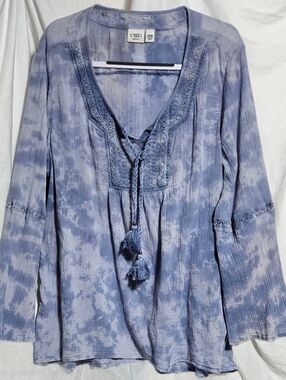 Womens Sheer Cotton Tye Dye Flowy 3/4 Knit Sleeve Top (Rrh)